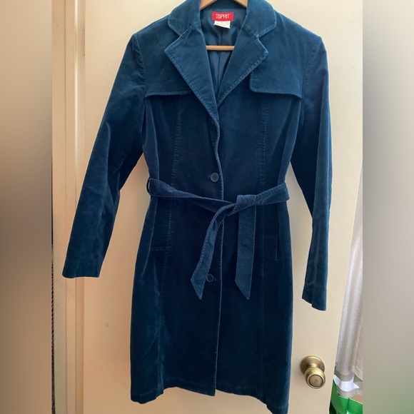 VTG Esprit Blue Cotton Velvet Trench Coat XS - Picture 9 of 15